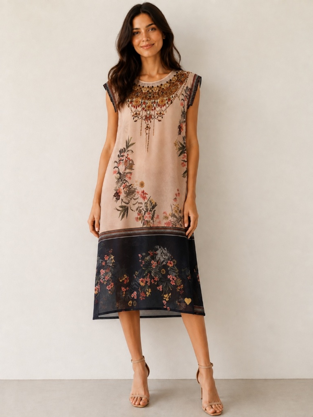 Desigual dress L pink/black midi hi/low metallic florals gems sleeveless boho - Picture 2 of 16